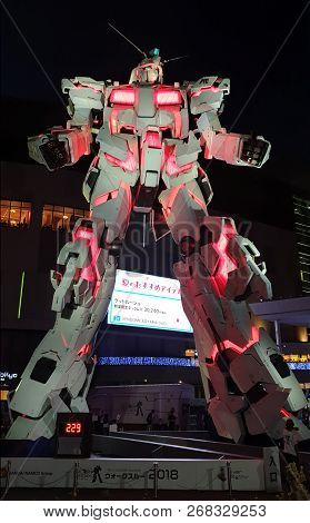 Tokyo, Japan - August 2018: Unicorn Gundam Statue Life Size Standing Front Of Diver City Plaza Tokyo
