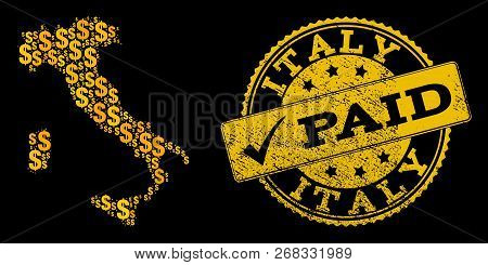 Golden Combination Of Dollar Mosaic Map Of Italy And Paid Corroded Seal Stamp. Vector Seal With Grun