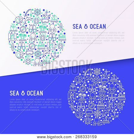 Sea And Ocean Journey Concept In Circle With Thin Line Icons: Sailboat, Fishing, Ship, Oysters, Anch