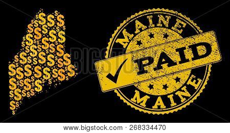 Golden Composition Of Dollar Mosaic Map Of Maine State And Paid Unclean Seal Stamp. Vector Watermark