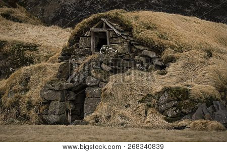 Old Stone House Destroyed Ancient Viking Overgrown With Yellow Dry Grass