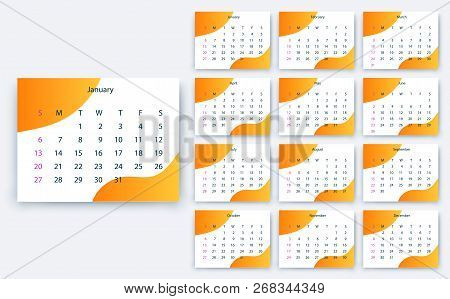 Simple Calendar 2019 Yesr, Stock Vector Design Eps10.