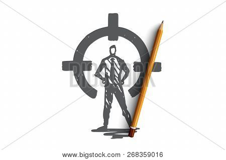 Control, Rear Sight, Aim, Target, Circle Concept. Hand Drawn Person In Suit On Rear Sight Concept Sk