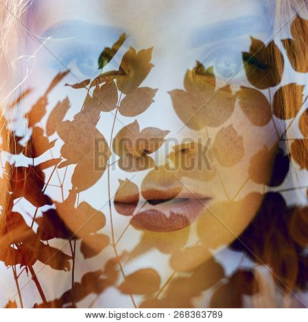 Fabulous Portrait Of A Red-haired Girl In Nature With Double Exposure And Glare. Beautiful Redhead G