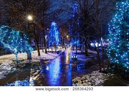 Walk With Street Lamps At Night Cityscape
