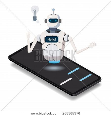 Isometric Science Chat Bot, Smartphone Concept. On Line Store, Shopping, Assistent, Sale, E-commerce