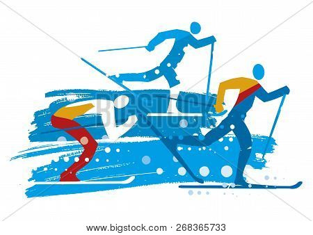 Cross Country Skiers Grunge Stylized.
Illustration Of Three Stylized Cross Country Skiers. Isolated 