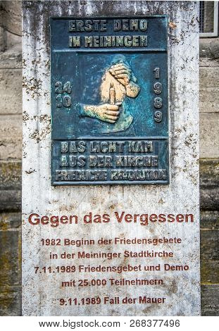 Memorial Plaque To The Peace Prayers For The Reunification In Meiningen Germany 27.october 2018