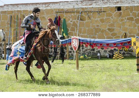 Tlaxcala, Mexico- September 29, 2018: Young Knight Riding A Horse During Medieval Festival In Tlaxca