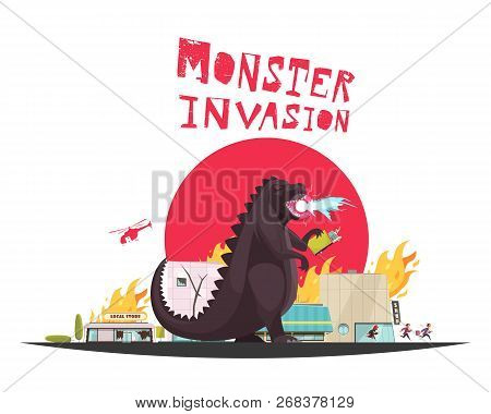 Monster Invasion Attack Scene With Funny Dragon Setting Shops Ablaze Helicopter And Running People F