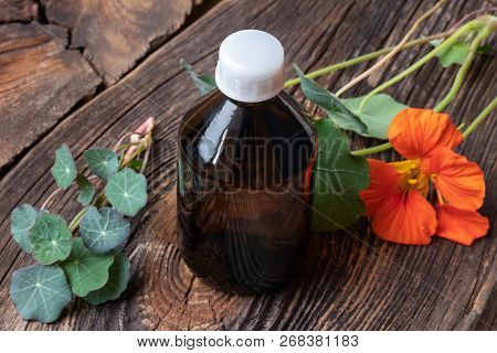 A Bottle Of Nasturtium Tincture With Fresh Bloomingtropaeolum Majus Plant