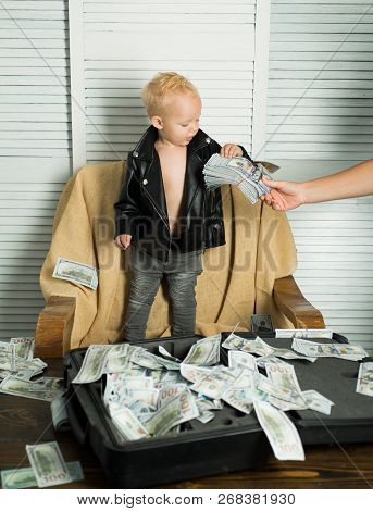 Money Begets Money. Little Boy Count Money In Cash. Small Child Do Business Accounting In Startup Co