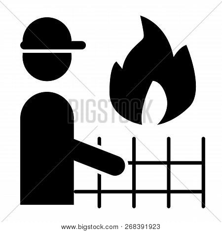Fireman And Fire Solid Icon. Firefighter With Flame And Fence Vector Illustration Isolated On White.