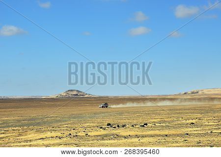 Sahara Desert Safari Off-road Vehicle Into The Sand Desert In Egypt