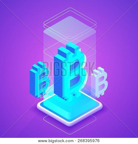 Bitcon Cryptocurrency Illustration Of Blockchain Or Bit Coin Mining Farm. Digital Crypto Currency Te