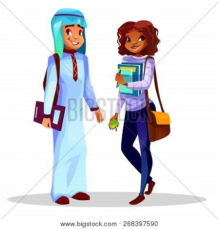 College Or University Students Illustration Of Black Afro American Girl With School Bag And Saudi Ar
