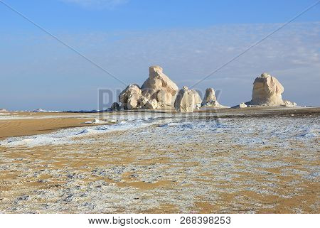 Beautiful Abstract Nature Rock Formations Aka Sculptures In Western White Desert At Sunrise, Sahara.