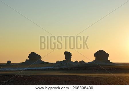 Beautiful Abstract Nature Rock Formations In Western White Desert At Sunset, Sahara. Egypt