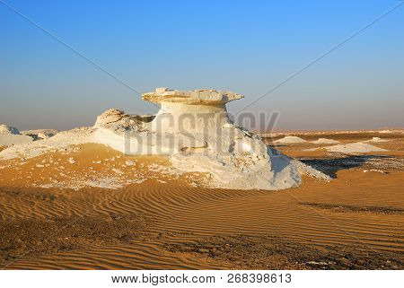 Beautiful Abstract Nature Rock Formations In Western White Desert At Sunset, Sahara. Egypt