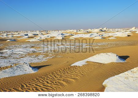 Beautiful Abstract Nature Rock Formations In Western White Desert At Sunrise, Sahara. Egypt