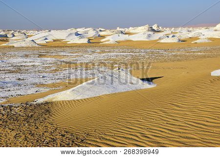 Beautiful Abstract Nature Rock Formations In Western White Desert At Sunrise, Sahara. Egypt