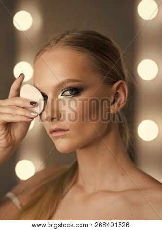 Woman Remove Makeup With Cotton Pad. Makeup Application Or Removal. Skincare, Treatment And Therapy.