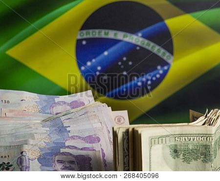 Savings In Search Of The Dream Of Traveling To Ebrazil- Colombia And Dollars With The Flag Of Brazil