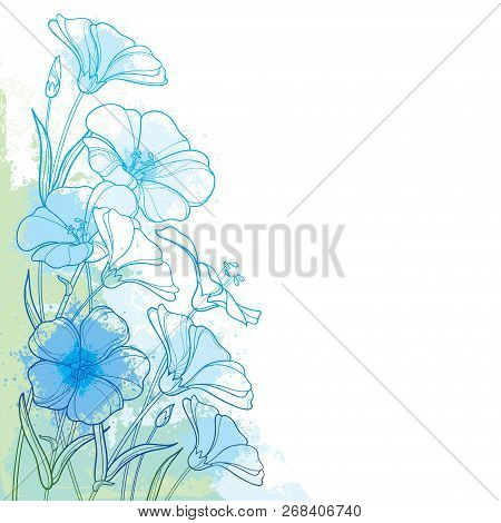 Vector Corner Bouquet With Outline Flax Plant Or Linseed Or Linum. Flower Bunch, Bud And Leaf In Pas