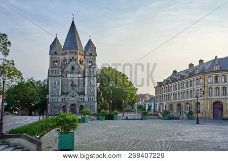 Protestant New Temple (temple Neuf) Church Front View At Metz France