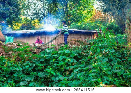 Sankri Range, Uttarakhand, India - October 7, 2018 : Photo Of Working People In Himalayas -