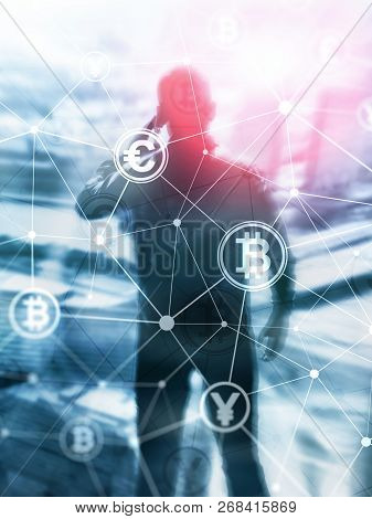 Double Exposure Bitcoin And Blockchain Concept. Digital Economy And Currency Trading. Abstract Cover
