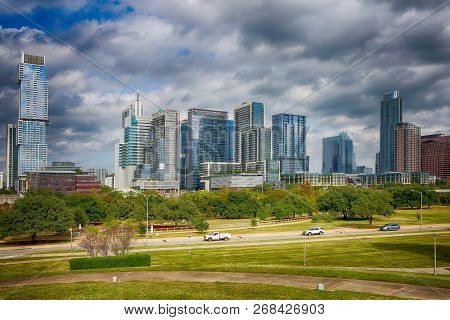 Austin, Texas, November 2018: Austin, Texas, Usa Downtown Skyline On The Colorado River.austin Is Th