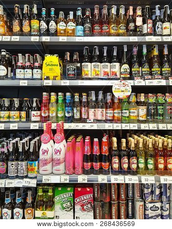 Bangkok Thailand - October 27: Beer Rack Many Brands On Supermarket Stand. Various Bottles And Cans 