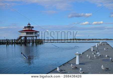 Choptank River Lighthouse In Cambridge Maryland, On Maryland's Eastern Shore Also Known As Delmarva.