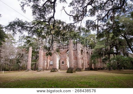 Old Sheldon Church Ruins In Yemassee South Carolina, Church Is From The Revolutionary War And Burned
