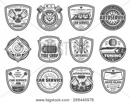 Auto Service, Spare Parts And Car Garage Station Vector Icons. Mechanic Diagnostics And Car Tuning V