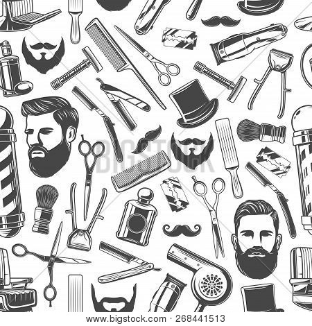 Barbershop Pattern Background. Vector Seamless Design Of Hipster Mustaches, Beard And Gentleman Hat 