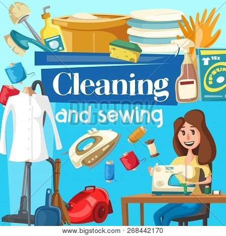House Cleaning, Sewing Service. Vector Woman Household With Vacuum Cleaner At Sewing Machine, Iron A