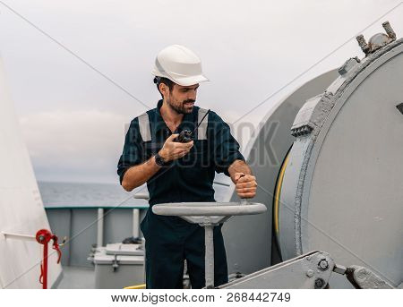 Marine Deck Officer Or Chief Mate On Deck Of Vessel Or Ship