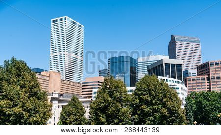 Denver , Colorado , Usa Downtown Skyscrapers Rise Up Into Blue Sky Clear Summer Day In The Mile High