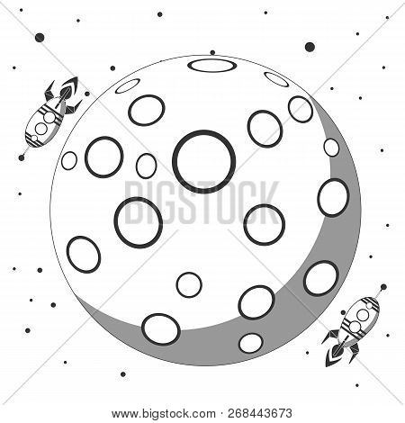 Rocket Flies Around The Moon Flat Design Icon Isolated On White Background. Stock Flat Vector Illust