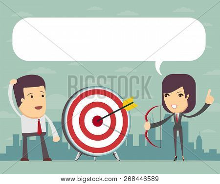 Successful Business Woman Aiming Target With Bow And Arrow. Stock Flat Vector Illustration.