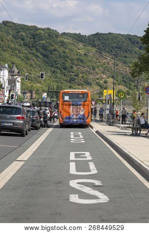 Sankt Goarshausen, Germany - July 07, 2018: A Dedicated Lane For Bus Traffic On The Main Street Of T