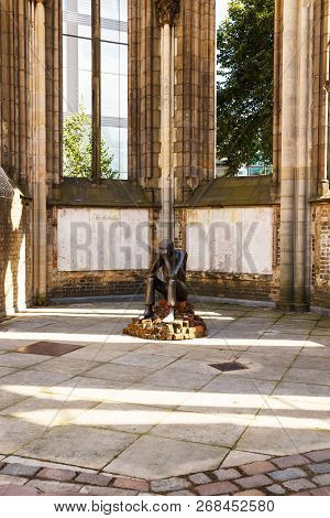 Hamburg, Germany - August 15, 2016 - Metal Male Staue At The Remains Of The Southern Aisle Of St. Ni