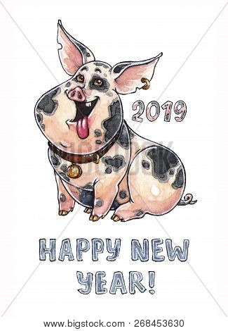 Happy New Year 2019 Card. Cute Mini Piggy Character For Chinese Year Of The Pig. Hand Drawn Piglet, 