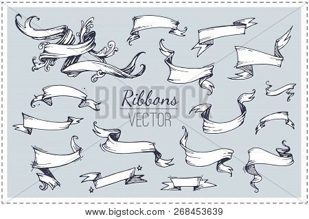 Set Of Vintage Ribbons For The Inscriptions. Isolated Hand Drawn Sketch Style Banners For Wedding Ca