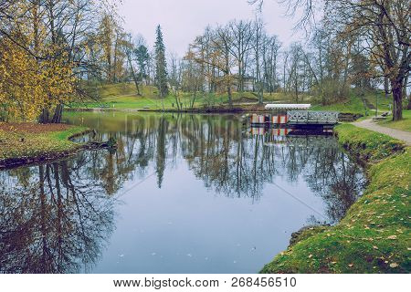 Old Casttle Park At Autumn. Yellow Leafs, Ship And Architecture. Travel Photo 2018.