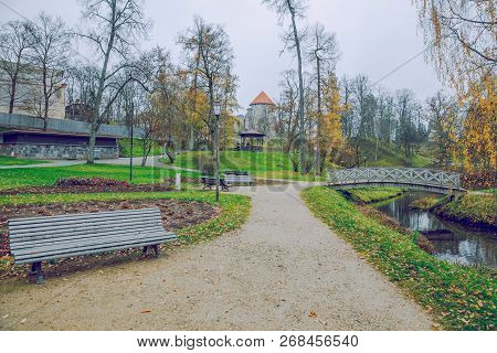 Old Casttle Park At Autumn. Yellow Leafs, Castle And Architecture. Travel Photo 2018.