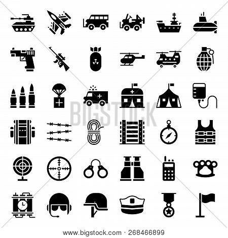Military Related, Vehicle And Weapons Solid Icon Set, Vector Illustration