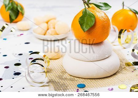 Traditional Japanese Kagami Mochi For New Year Celebration. Sweet Rice Cakes For Luck In New Year
